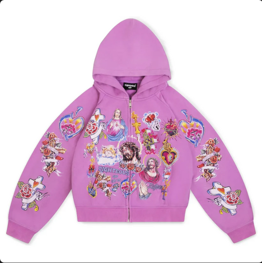 We Are Righteous Risen King Cropped Zip-Up Hoodie Purple